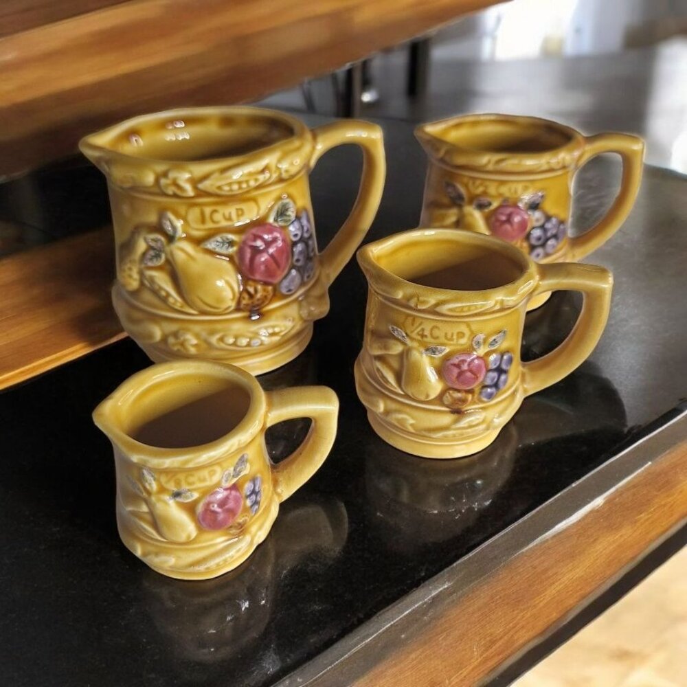 Enesco 1960s Harvest Gold Fruit Design Pitcher Measuring Cups Set Cream Pour